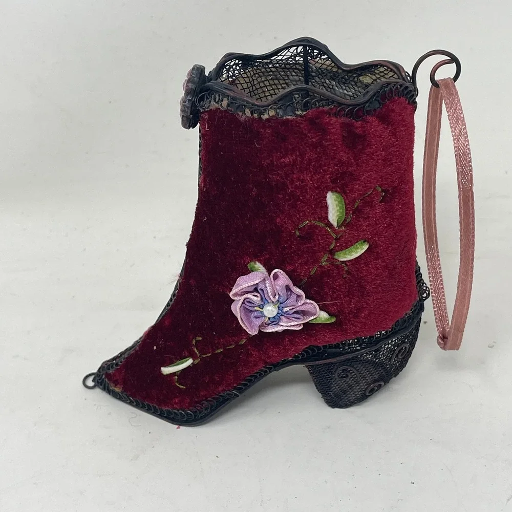 Vintage Victorian Style Burgundy Velvet Wire Mesh Boot Ornament Ribbon Flower